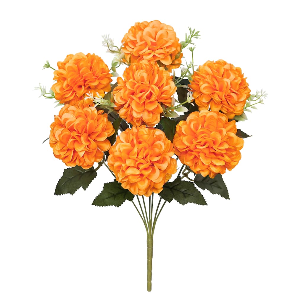 Set of 2 Orange Artificial Ball Mum Pom Pom Flower Stem Bush Bouquet 16in - 16" L x 9" W x 9" DP