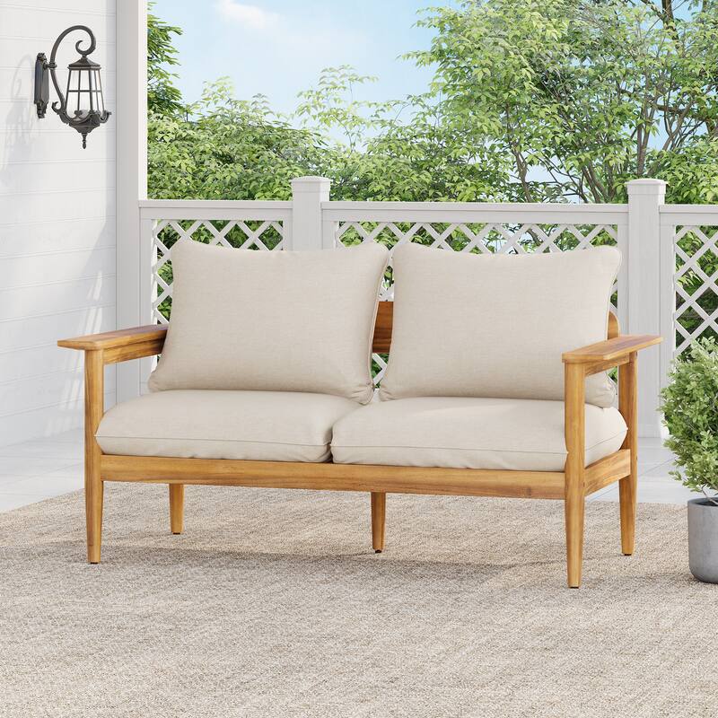Roomfitters Terassi Outdoor Acacia Wood Loveseat with Wide Armrests, Teak Finish and Beige Cushions
