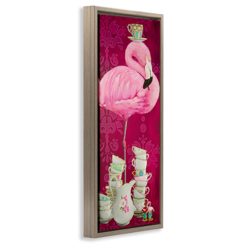 Stupell Flamingo with Antique Teacups Framed Floater Canvas Wall Art Design By Heather Gauthier