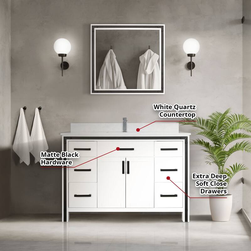 Ziva 48 in W x 22 in D White Bath Vanity, White Quartz Top, Faucet Set and 34 in Mirror