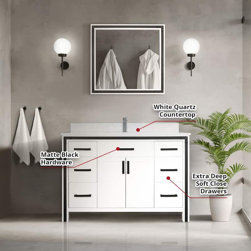 Ziva 48 in W x 22 in D White Bath Vanity and White Quartz Top