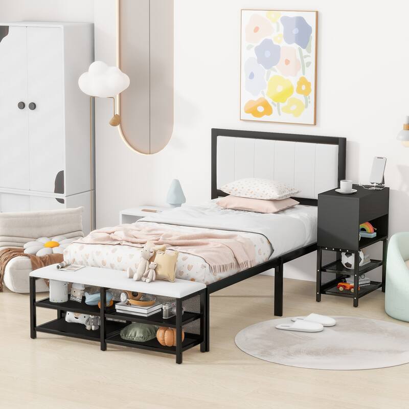 Metal Platform Bed with Two-Tier Storage Shelves, Wooden Storage Cabinet