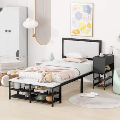 Twin size Metal Platform Bed with Two-Tier Storage Shelves, Wooden Storage Cabinet, Black