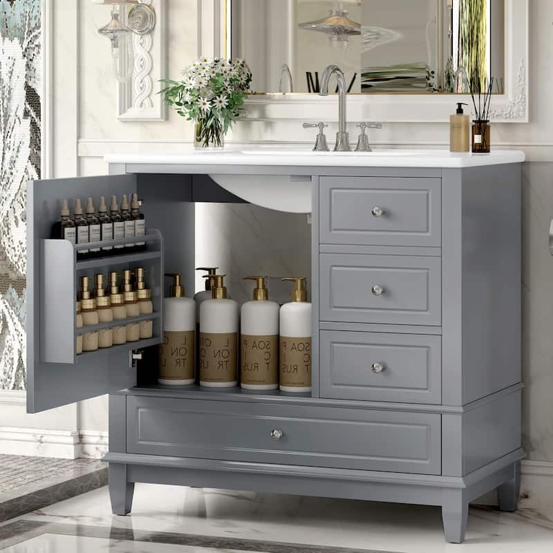 36" Bathroom Vanity with Ceramic Sink, MDF & Solid Wood Base, 3 Drawers and Cabinet with Shelves