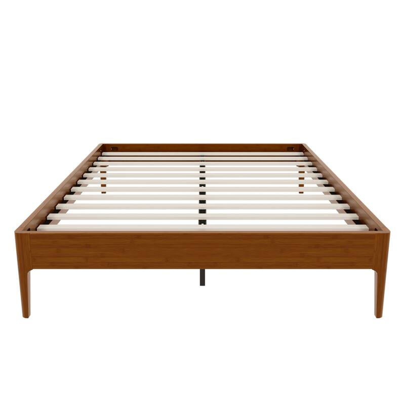 15" High Queen Bamboo Platform Bed, Wood Slat Metal Support, Modern Minimalist, No Box Spring, Easy Setup, Brown