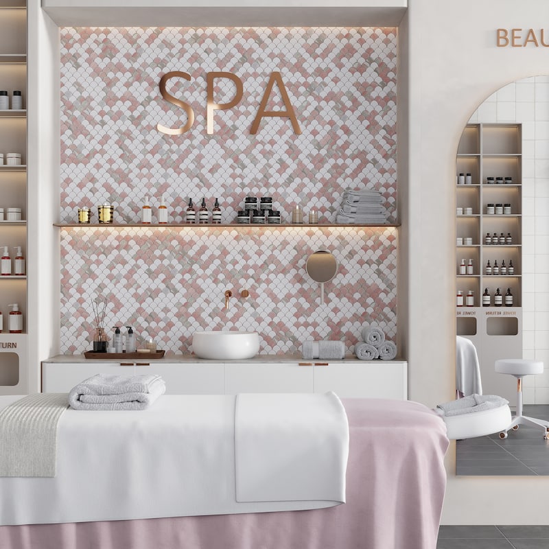 Rosendal 11x11 in. Polished Thassos, Norway Rose Fish-shaped Mosaic Wall and Floor Tile (4.2 sq ft/case, 5-Pack) - Pink, White