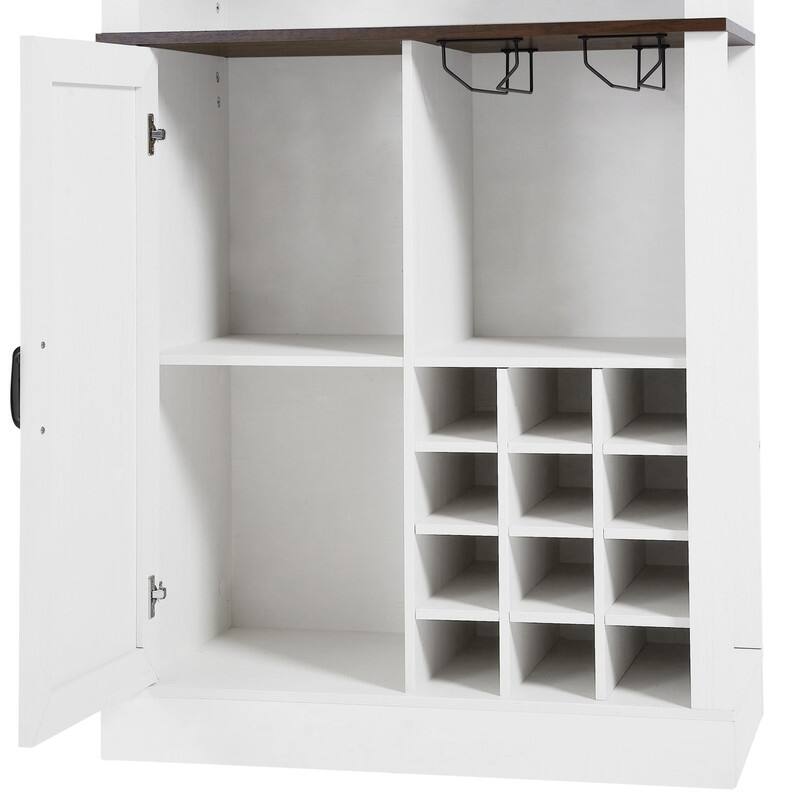 76-Inch Tall Faux Rattan Wine Cabinet with Square Compartments and Microwave Shelves