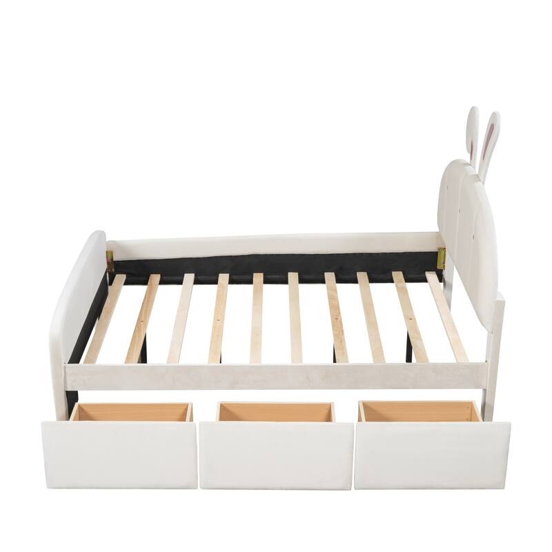 Adorable Velvet Platform Bed for Kids, Bunny Design with Drawers and Bed-End Storage Pockets, Twin/Full