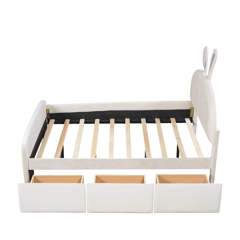 Full Size Velvet Platform Bed with Rabbit-Shaped Headboard, with Drawers, with Bed-End Storage Pocket