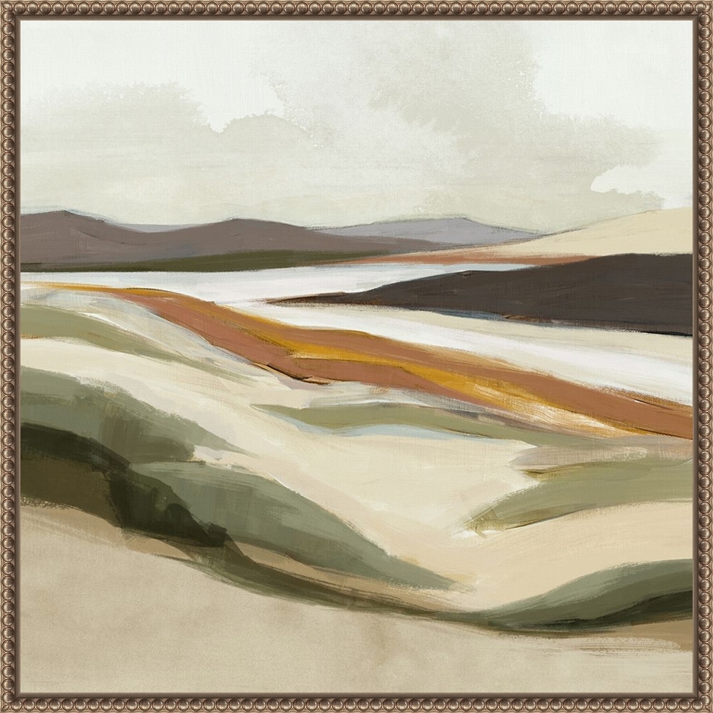 Abstract landscape in cream, sage green, ochre, and brown within a beaded bronze frame.