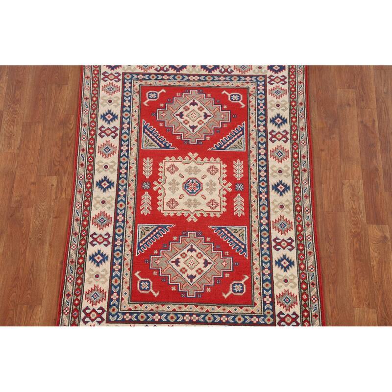 Geometric Red Kazak Accent Rug Handmade Oriental Wool Carpet - 3'3" x 4'10"