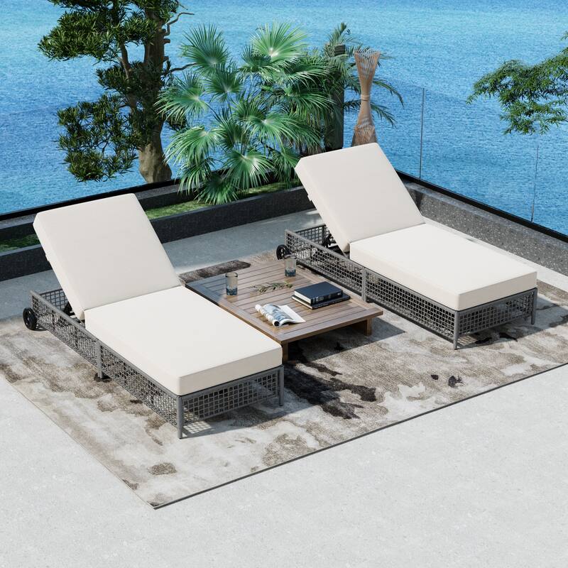 2 Pieces Outdoor Chaise Lounges Set for Poolside Garden, Adjustable Reclining Sun Lounger with Cushion & Wheels for 2 People - Beige+Grey