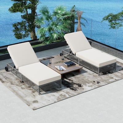 Set of 2 Rattan Outdoor Chaise Lounges with Wheels and Adjustable Backrest, Cushions for Poolside Backyard Garden