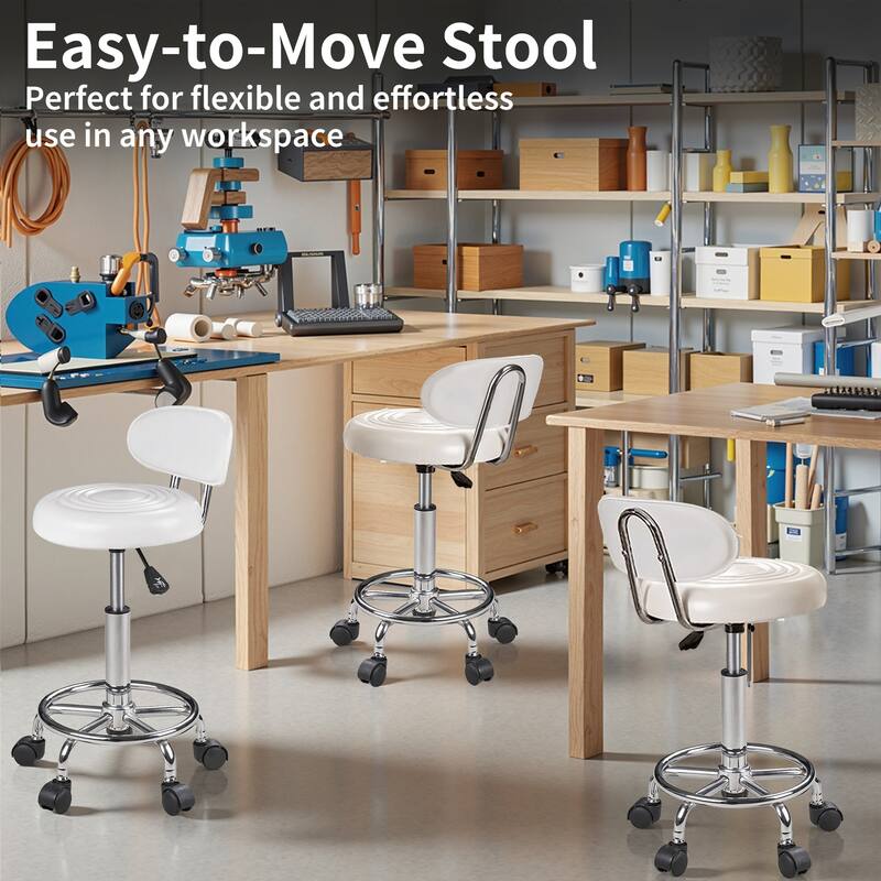 Javlergo White Office Chair Stool PU Leather Backrest Rolling Salon Stool Round Swivel Drafting Spa Stool