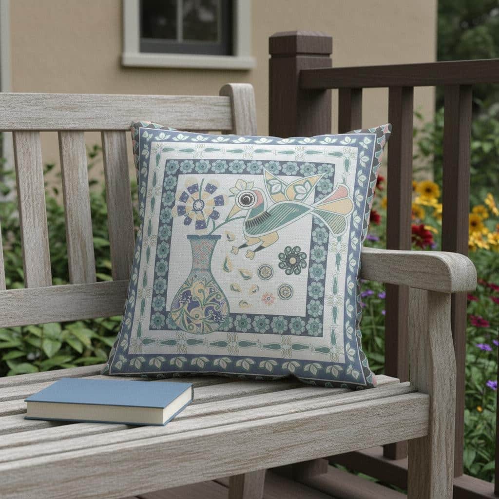 HomeRoots 18" x 18" Blue and White Bird Blown Seam Floral Indoor Outdoor Throw Pillow - 18.00' X '18.00' X '5.00