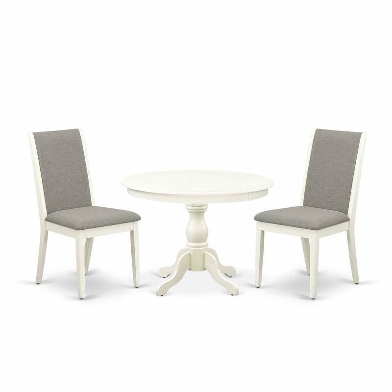 3-Piece Linen White Finish Solid Wood Top - Round Dining Room Set with High Back - Seats 4