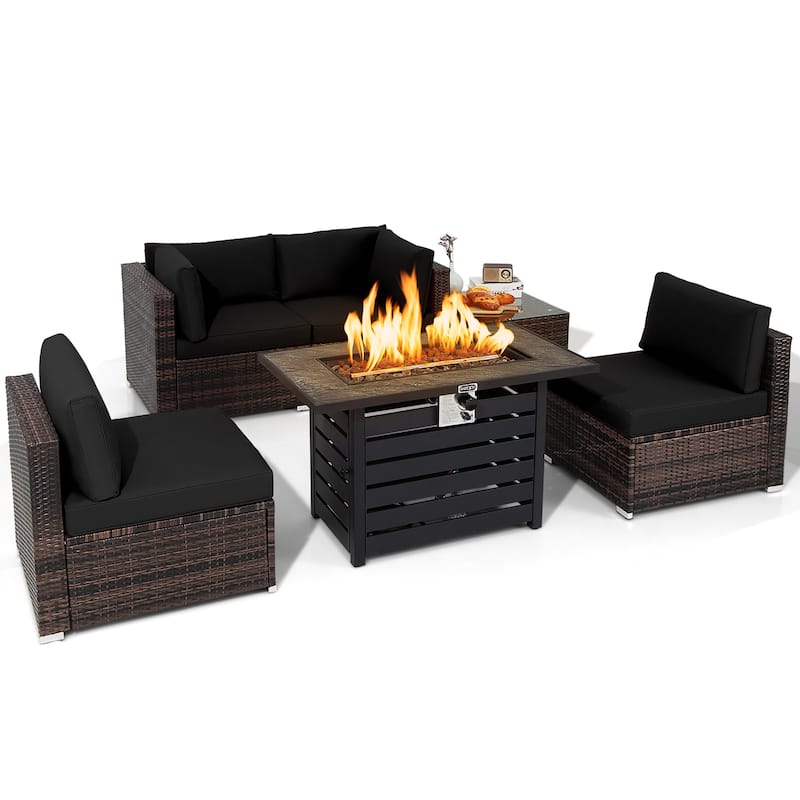 Costway 6PCS Patio Rattan Furniture Set 42'' Fire Pit Table Cover Sofa - See Details