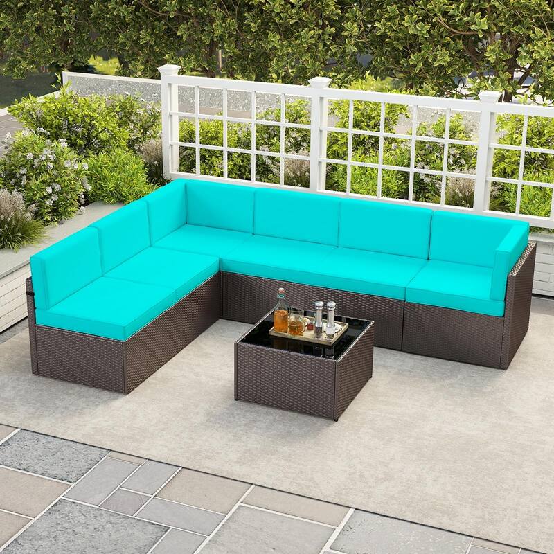 7PC Outdoor Patio Furniture Set, Wicker Patio Sectional Furniture Set with Coffee Table & Cushion for Garden, Backyard, Poolside