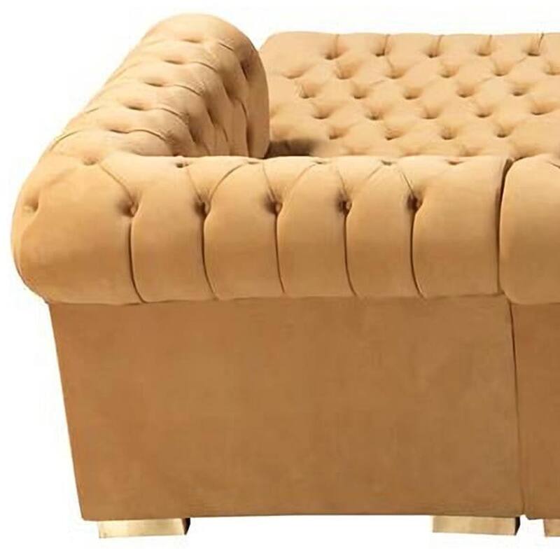 HomeRoots Mustard Velvet U Shaped Three Piece Sofa and Chaise Sectional With Toss Pillows