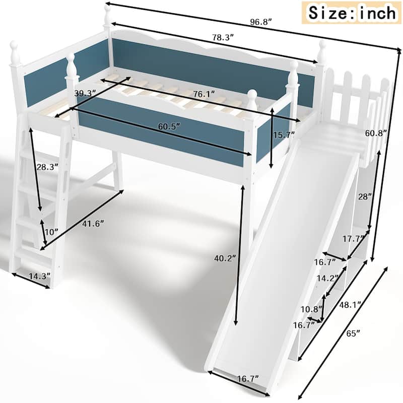 Twin Loft Bed with Storage Shelves and Wardrobe, Solid Wood Loft Beds with Detachable Slide and Ladders, No Spring Box Needed