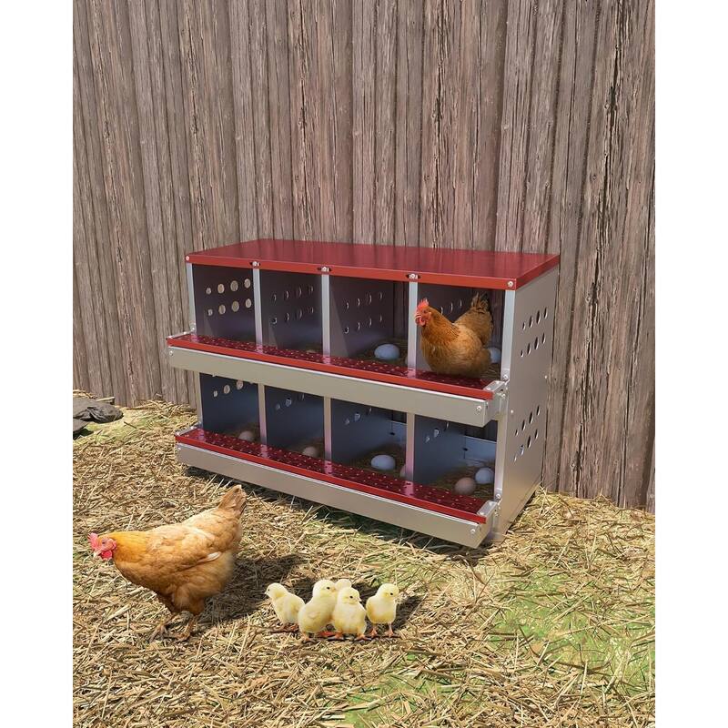 8-Compartment Metal Chicken Nesting Box, Waterproof Egg Laying Box - Red 8 Compartments