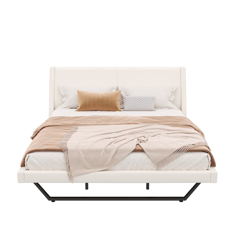 Christopher Knight Home - Persephone PU Leather Bed Frame with Wave-Like Curve Design and Trapezoidal-Shaped Leg