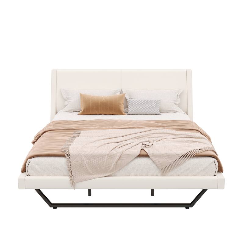 Wave-Like Curve Design Platform Bed Pu Leathe Upholstered Bed Frame Wooden Slat Support