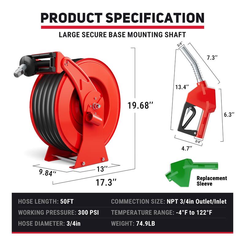 3/4" x 50ft Fuel Diesel Hose Reel Retractable with Fuel Nozzle, Auto Rewind Spring Driven