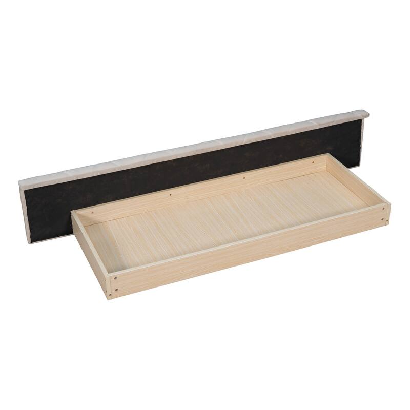 Queen Platform Bed Velvet Upholstered Bed with Wingback Headboard, 2 Side Storage Stool and Large Drawer, Round Low Profile Bed
