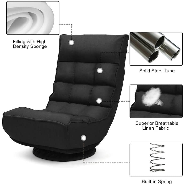4-Position Adjustable 360 Degree Swivel Folding Floor Sofa Chair-Black - 24"L x 26"W x 35"H