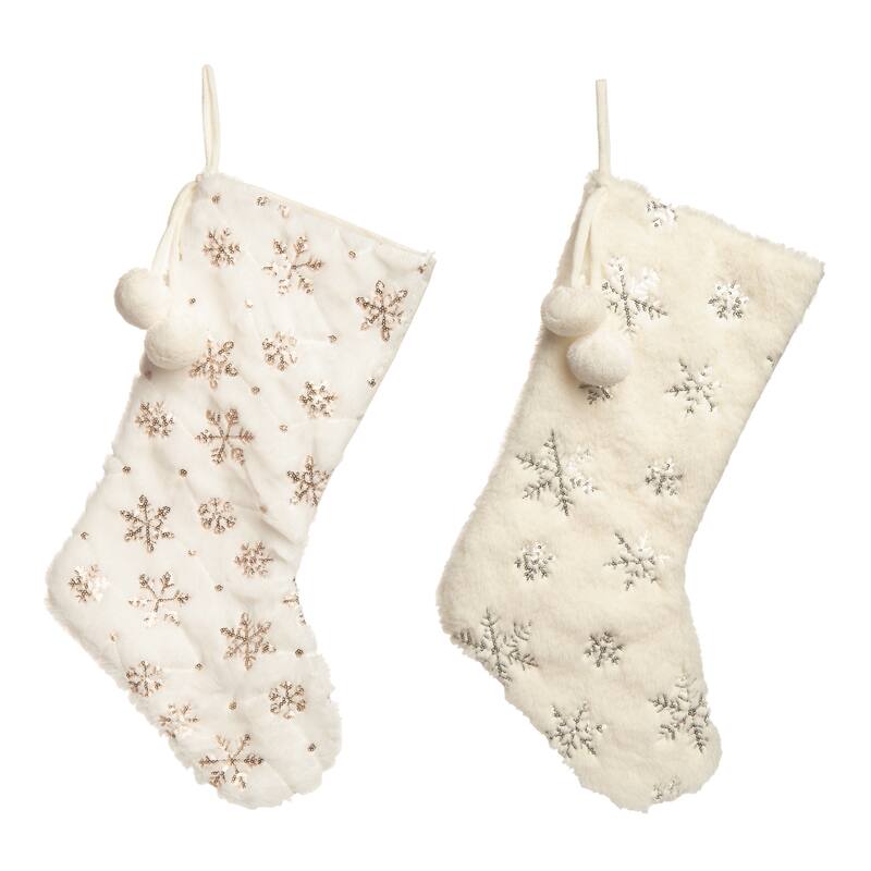 Transpac Plush Fuzzy Silver & Gold Snowflake Stocking Set of 2 Christmas Home Decorations