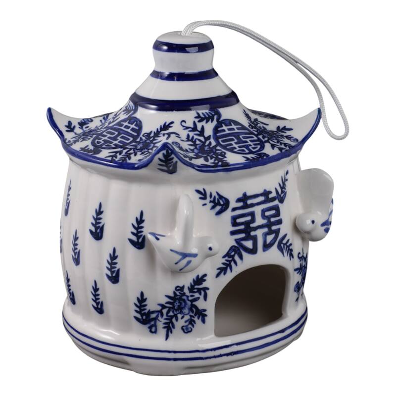 Ceramic Birdhouse Chinoiserie Floral Design Home and Garden Decor - 8" White - 7" x 7" x 8"
