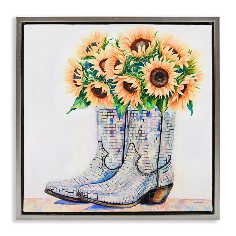 Stupell Sunflower Filled Cowgirl Boots Framed Floater Canvas Wall Art Design By Amanda Greenwood - 18 x 18 - Grey