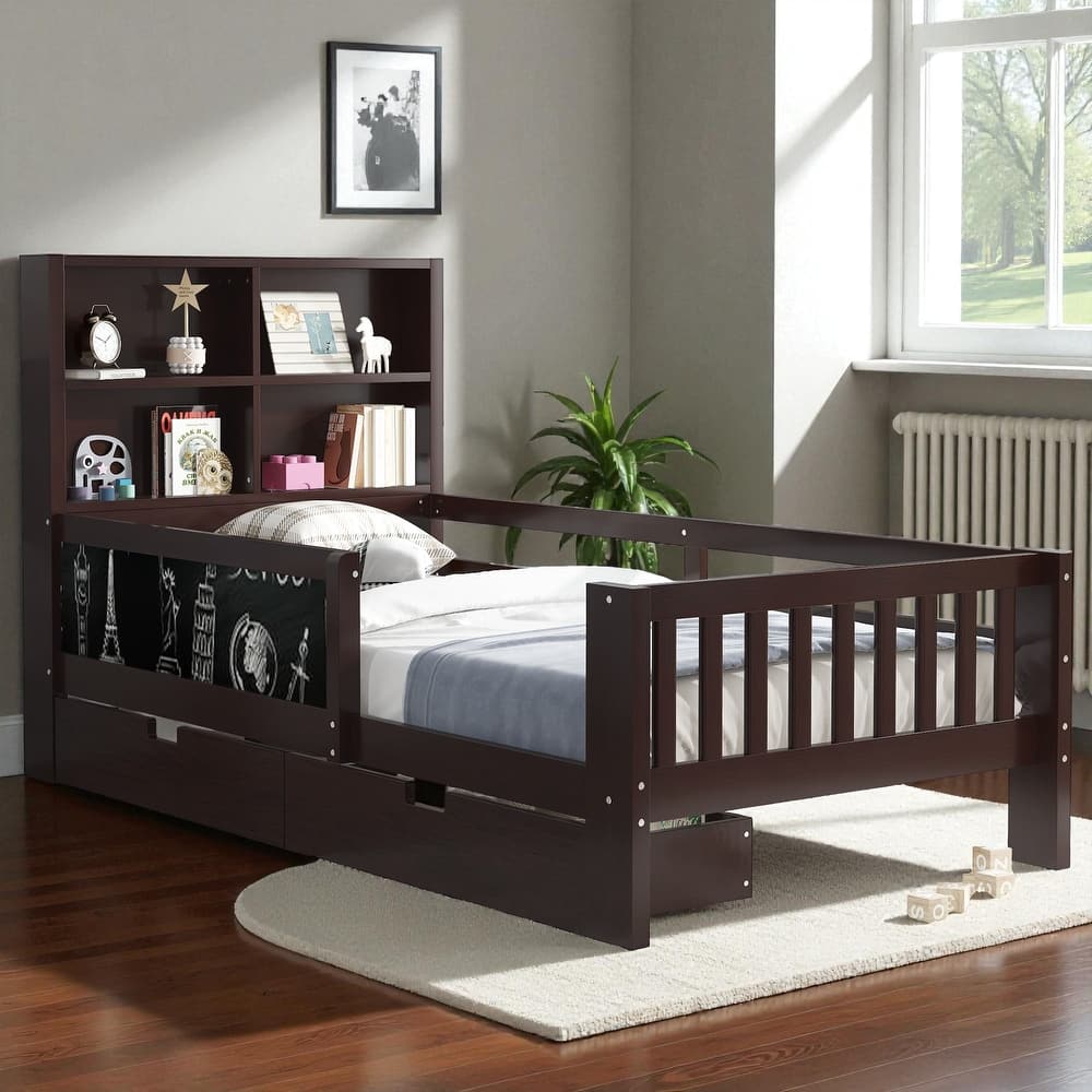 Twin/Full Solid Wood Platform Bed with Chalkboard Headboard, Storage Drawers and Shelves, Space-Saving Kids Bed