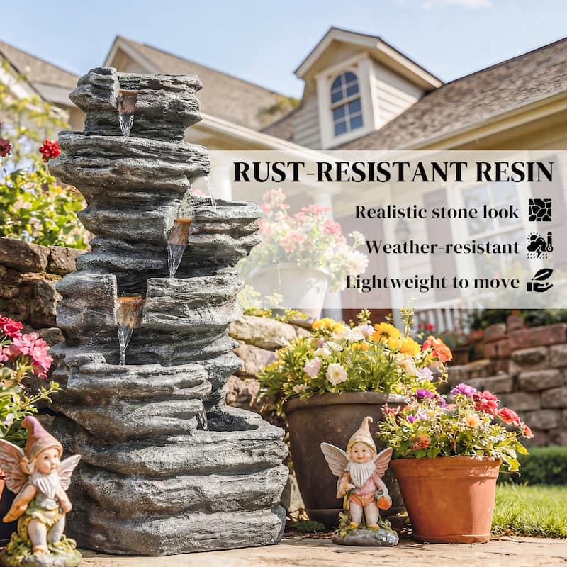 Outsunny 40" Tall Outdoor Waterfall Fountain with LED Lights, 6-Tier Cascading Waterfall Feature with Pump