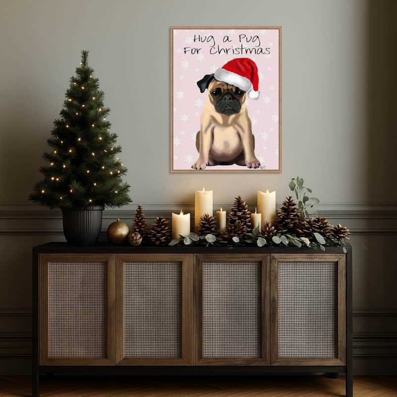 Hug a Pug by Fab Funky (23 x 30 in.), Framed Canvas Wall Art Print - Sylvie Beaded Rustic Natural