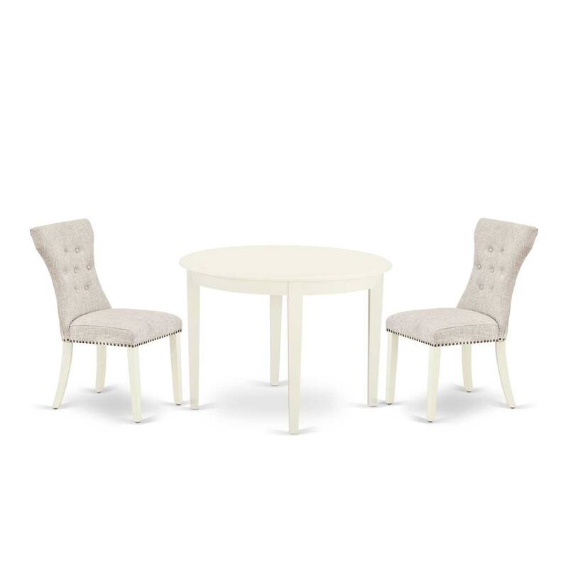 Round Dinette Set - 3 Piece Kitchen Table & Chairs - Linen White Finish - Modern Parson Design