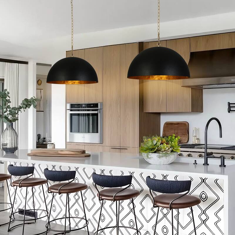 Modern Industrial 1-Light Oversized Black Gold Pendant Semi-Circular Design Chandelier for Dining Room