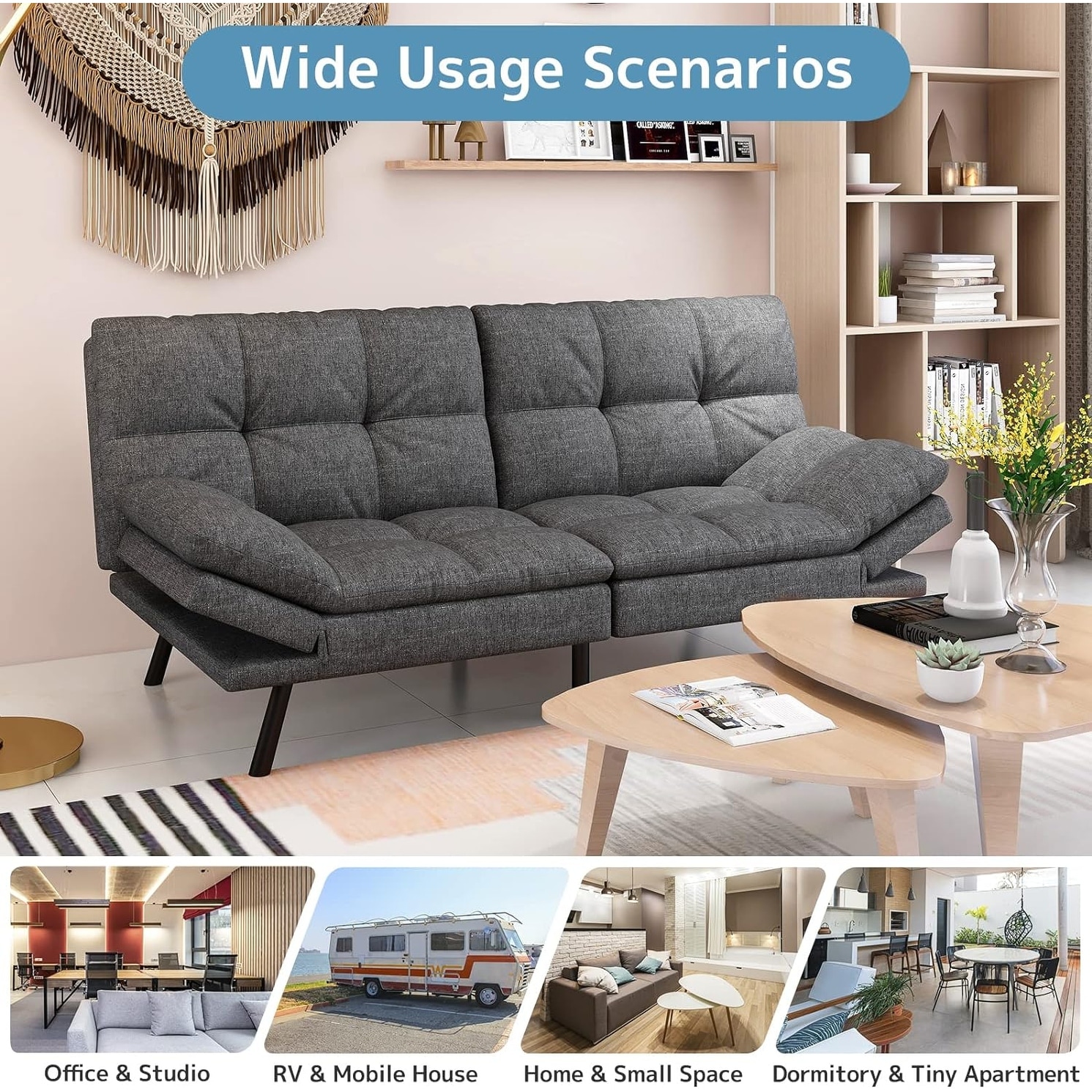 Futon Sofa Bed Memory Foam Foldable Couch Convertible Loveseat Sleeper Daybed with Adjustable Armrests for Small Space