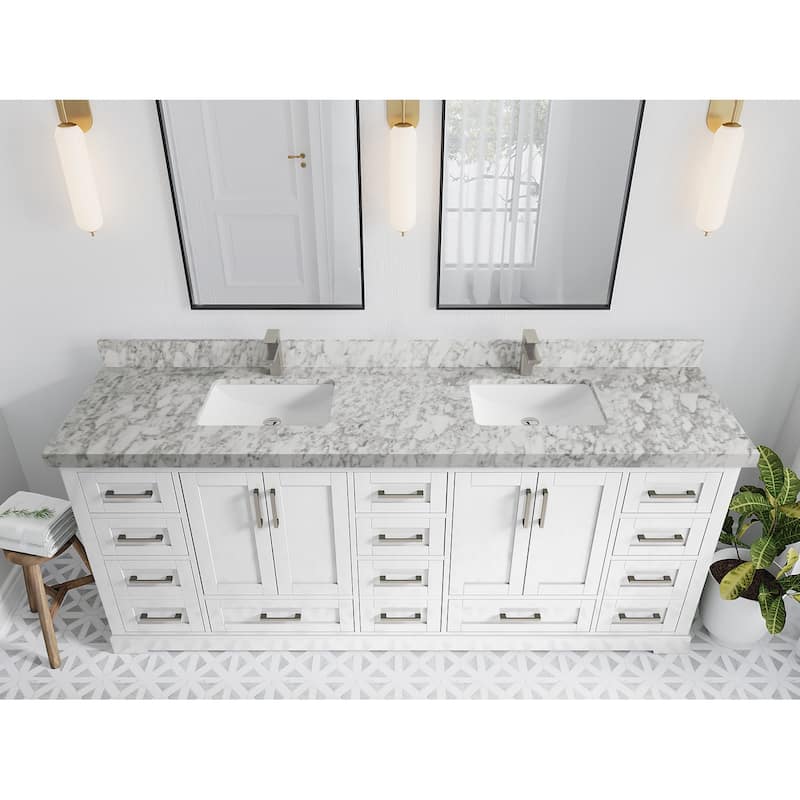 Willow Collection 84 in W x 22 in D x 36 in H Boston Double Bowl Sink Bathroom Vanity with Countertop - 2"Carrara Marble - White