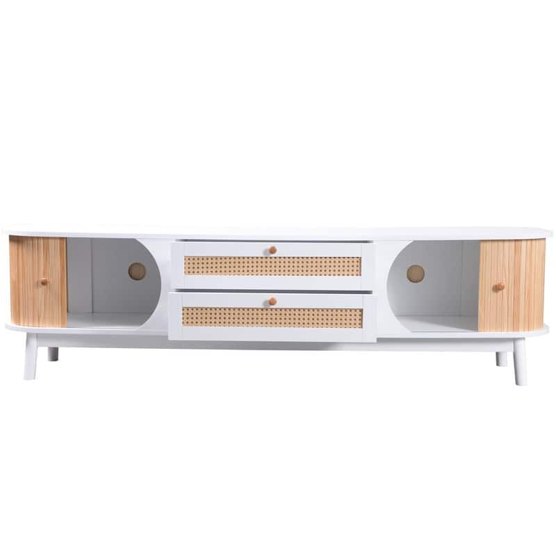 Rattan TV Stand for TVs up to 75'',Entertainment Center Media Console with Solid Wood Legs