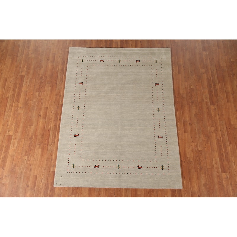 Tribal Gabbeh Area Rug Handmade Oriental Beige Wool Carpet - 5'5"x 7'6"