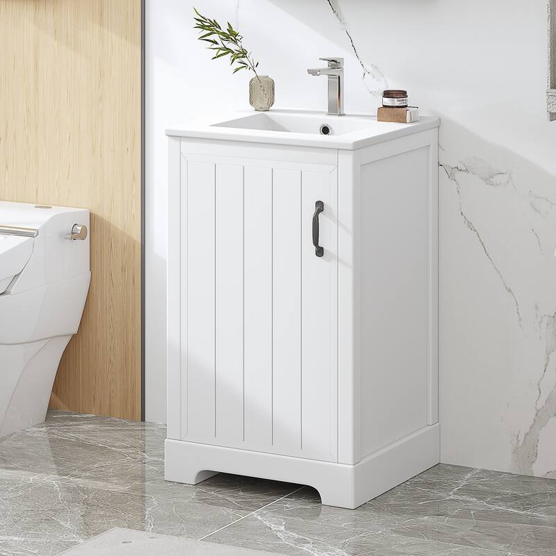 20" White Bathroom Vanity with Ceramic Sink, Soft Closing Door, Adjustable Shelve & Storage Rack, Freestanding Design