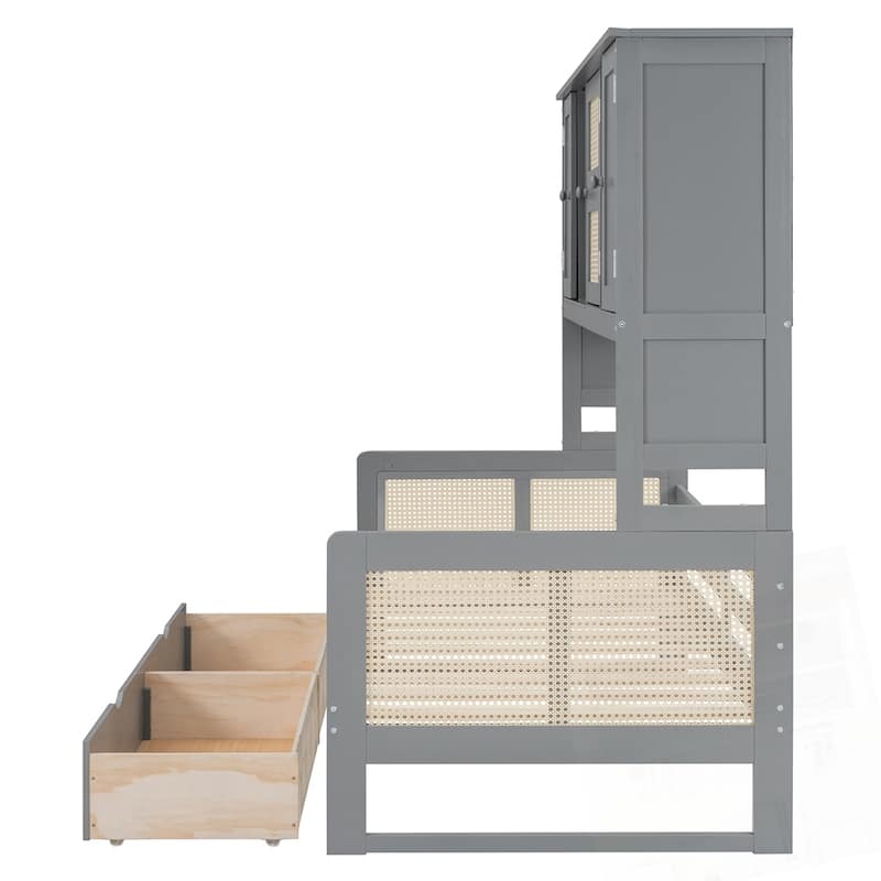 Wooden Daybed With 2 Drawers and All-in-One Cabinet and Shelf