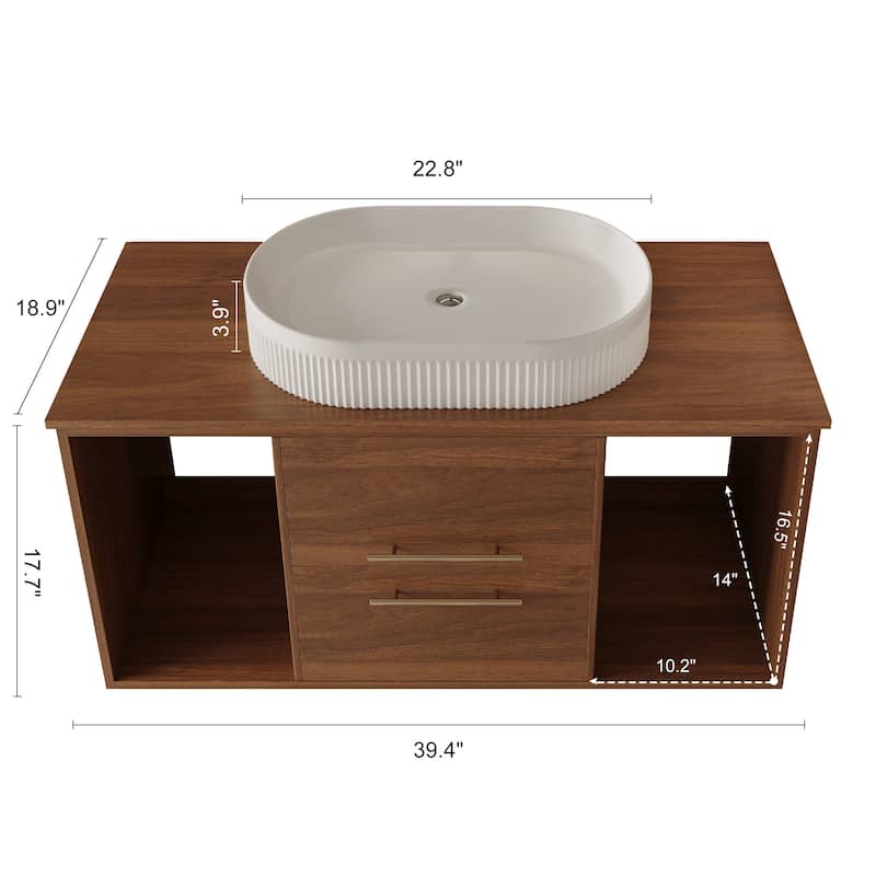 39.4 Floating Bathroom Vanity with Oval Ceramic Sink, Solid Wood Wall-Mounted Bathroom Cabinet, White+Walnut - 39 Inch