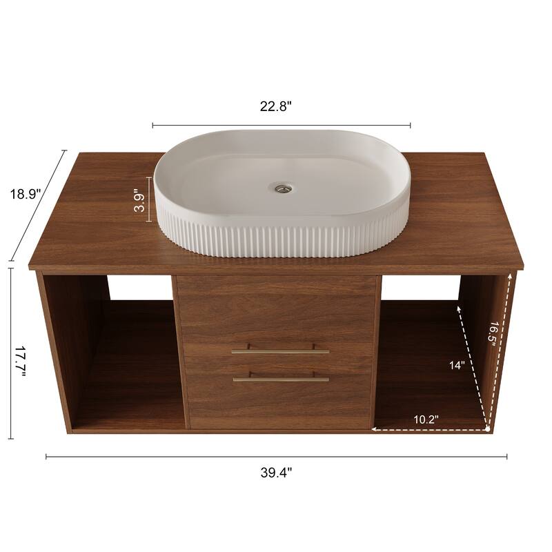 Floating Bathroom Vanity Wall-Mounted Cabinet with Oval Ceramic Sink, Soft-Close Storage Drawers, Open Shelf and Drain Pipe
