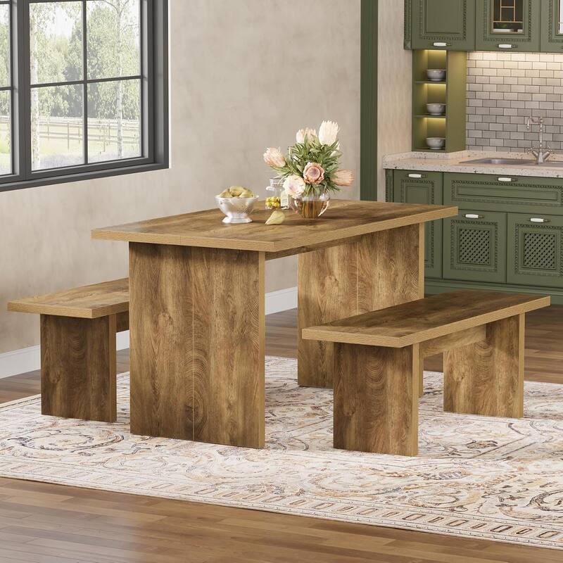 3 Pieces Rectangular Dining Table Set with 2 Benches, 55" Farmhouse Kitchen Table Set