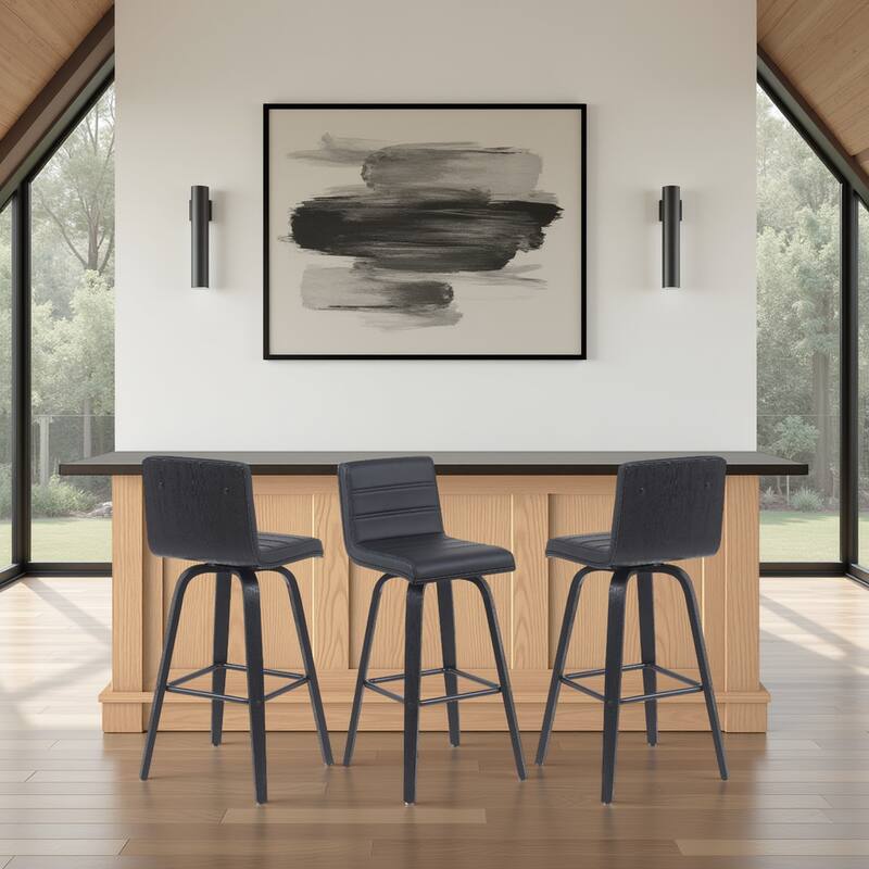 Skara Swivel Bar Stool, Upholstered Bar Height Chair with Bentwood Frame - Black Faux Leather & Black - Set of 3