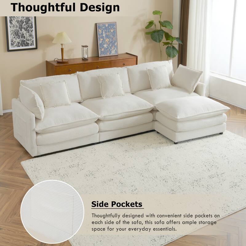 Roomfitters Spacious Modular Corduroy L-Shape Sectional Sofa with Side Storage Pockets for Living Room Convenience