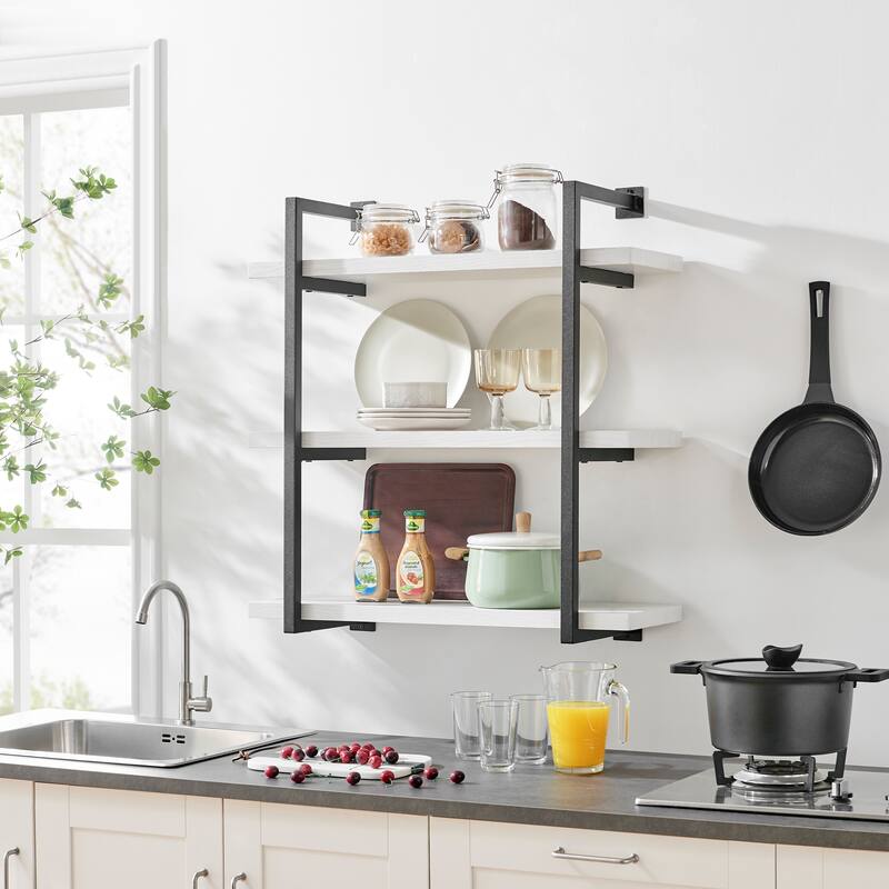 Danya B. Modern 3-Tier Hanging Bracket Wall Shelves in Black Metal and White Birch Finish